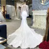 Abito da sposa sexy a sirena collo alto maniche lunghe abiti da sposa in pizzo con applicazioni increspato Sweep Train Custom Made Vestidos De Novia vendita calda