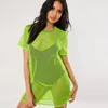 Mulheres Fluorescentes Cor Camisetas Biquini Cobertura em 3 Cores Manga Curta Loose Tees para Verão Malha Camiseta Vestido