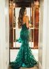 Atraente verde escuro Mermaid Prom Dresses Spaghetti Lace Evening Vestidos Plus Size Varrer Train Vestido Formal