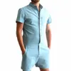 زر جديد الصيف فريد رومبير الرجال الكتان قميص مجموعات قصيرة واحدة الصدر بذلة الأزياء وزرة رياضية عارضة البضائع السراويل الاتجاه