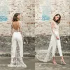 Beach Jumpsuit Wedding Dresses Jewel Neck Long Sleeve Backless Ankle Length Bridal Outfit Lace Summer Bride Gowns