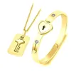 Wholesale-jewelry sets stainless steel jewelry set lover lock bangle bracelet key pendant necklace free shipping NE966