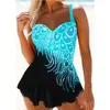 Costume da bagno Tankini con stampa di piume da donna con costume da bagno corto Costume da bagno a due pezzi con controllo della pancia Costume da bagno a vita alta Taglie forti