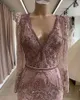 Lyxig Lace Beaded African Dubai Prom Klänningar Långärmad Djup V Neck Minmaid Evening Gowns Vintage Sexig Formell Party Dress