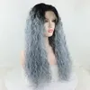 Frontale Perücken, Cosplay, synthetische Spitze-Front-Perücke mit Babyhaar, Ombre, hellblau, langes lockiges Haar für Frauen