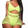 Costume da bagno donna sexy a due pezzi a rete, pantaloncini a vita alta, 2 pezzi, bikini, costume da bagno tanga, costume da bagno push up in rete al neon Y19062901