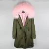 Hot sale Maomaokong brand pink rabbit fur lined pink canvas long parka with pink raccoon fur trim hoody Women down coats