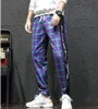 Mens byxor Streetwear Plaidbyxor Joggare Mens Patchwork Blå Sweatpants Ankel-Length Bomull Hip Hop Track Pants Byxor