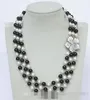 Véritable collier en agate noire, perles rondes d'eau douce blanches, 17 à 20 pouces, 8mm, 3 rangées, e1780
