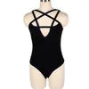 Kadınlar Seksi Gotik Tulumlar Backless Çapraz Kayış Ön Tasarım Pentagram Romper Siyah Kolsuz İnce Cami Bodysuit Oymak