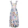 Fashion Runway Summer Dress المرأة الجديدة القوس السباغيتي حزام عارية الذراعين الخزف الأزرق والأبيض الأزهار طباعة فستان طويل 1