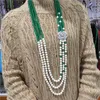 Hand knutna naturliga 3rows vit sötvattenspärla 8mm grön sten micro inlay zircon tillbehör halsband mode smycken24-28 ''