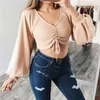 Women Slim Bow Tie Winter Knitted Sweater V-Neck Crop Sexy Sweaters and Pullovers Lantern Sleeve All-Match Black T