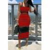 Sexig Stripe Beach Dress Kvinnors Ärmlös Slank Klänning Se genom Bodycon Evening Party Club Striped Maxi