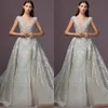 Zuhair Murad 2019 Beading Wedding Dresses With Detachable Train Bohemia Lace Appliqued Bridal Gowns Cap Sleeve Sheer V Neck Wedding Dress