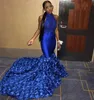 Royal Blue Mermaid Lace Prom Dresses Halter Neck kralen Backless avondjurken plus size sweep trein Appliqued Satin Formal Dress 407