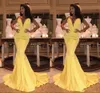 Geel Avondjurken Mermaid Prom Dresses Lange V-hals Backless Formal Celebrity Party Jurken Stain Vestido de Noche Custom 171