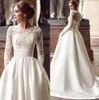 Skromne Długie Rękawy Satin Linewding Sukienki Tulle Koronki Aplikacja Ruched Wedding Suknia Ślubna Vestidos de Novia z kieszenią BM1601