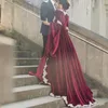 우아한 사우디 아라비아 긴 소매 Kaftan Prom Dresses 2021 Burgundy Velvet Appliques 레이스 빈티지 회교도 이브닝 파티 가운 사용자 정의