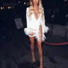 Casual Dresses Sexy See Through Sequin Mesh Patchwork Women Deep V White Feather Mini Party Dress Ladies Nightclub Vestidos