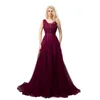 2021 Cheap Long Tulle Evening Prom Dresses Deep V Neck Sleeveless Lace Appliques Low Back Corset Back Formal Party Dress for Women Burgundy