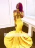 Affascinanti abiti da ballo gialli con spalle scoperte Mermaid Illusion Pizzo con paillettes Maniche lunghe Buco della serratura Sweep Train Plus Size Abiti da sera per feste