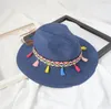 다채로운 개의 Tassels 여름 여성 밀짚 모자 민족 스타일 비치 모자 야외 썬 프로텍션 파나마 모자와 와이드 레이디 가장자리 모자