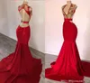 Sexy Neuankömmling Rotes Meerjungfrau-Abschlussballkleid mit tiefem V-Ausschnitt, Goldapplikationen, rückenfrei, Sweep-Zug, Abendkleider, Abendkleider, ogstuff