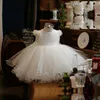 Cute Cekin Biały Tulle Dziecko Niemowlę Toddler Baptism Suknia Kwiat Girl Sukienki Rękawe Zroszony Koronki Tutu Suknie Balowe na Wesele