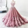 Nouvelles robes quinceanera robes de bal rose sombre de la dentelle épaule des applications de dentelle de plumes perles tulle fêtard gonfy