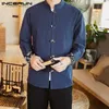 INCERUN Camicia da uomo vintage in cotone a maniche lunghe con colletto alla coreana solido 2019 Camicetta streetwear Camicia da uomo casual tradizionale cinese1