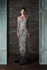 Black Rami Kadi Sequined Dresses Evening Wear Long Sleeves Sheath Sheer Jewel Neck Beaded Evening Gowns Floor Length Formal Dress 4043