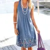 Kvinnor Sommar Fritidsklänningar Scoop Neck Ärmlöst tryck Plisserad tankväst Miniklänningar Knälång solklänning Lös