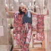 Wiosna Jesień Kobiety Piżama Odzież 4 Sztuka Zestawy Kobiet Piżama Zestawy Nocne Setwear Set Leisure Flower Pijamas Home Nosić
