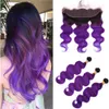 #1B/Purple Ombre Hair Bundles Body Wave Brazilian Human Hair Bundles with Frontal Ombre Purple Wavy Weave Wefts with 13x4 Full Lace Frontal