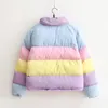 Fashion-Rainbow Kolorowe bawełniane wyściełane parki kobiety jesień zima odpinany kapelusz płaszcz macaron pastelowy panel puffer kurtka płaszcz =190822