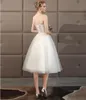Простое колено длиной короткое свадебное платье с ремнями спагетти Корсет задний атласный тюль Свадебные платья свадьбы свадьбы свадебные платья неформальные