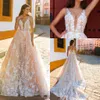 Champagne New Fashion Lace A Line Sexy Dresses Sheer V Neck Tulle Applique Detachable Train Wedding Bridal Gowns Crystal Design pplique