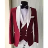 Burgundy Wedding Men Suits White Shawl Lapel Three Piece Jacket Double Breasted Vest Pants Groom Tuxedos