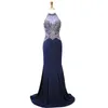 Sparkly Navy Blue Trumpet Evening Long Formal Dresses Halter Top Pearls Beading Crystal Mermaid Prom Dress Open Back Vestidos De Festia