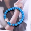 Cross Stone Bracelet для женщин синие бирюзии мужской браслет черная лава камень 8 мм белые бусинки браслеты