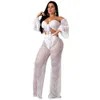 AHVIT Gridding Hollow Out See Through Sexy Two Piece Set Lantern Sleeve Bow Bandage Crop Top And Straight Wide Leg Pant MOS-M883