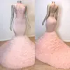 2019 Ny ankomstmantel sjöjungfrun kvällsklänningar halter spets applique pärlstav tiered ruffles backless sexiga sopa tåg fest prom klänningar bär