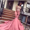 New Arrival Pink Mermaid Prom Dresses Satin Lace Appliques Beads High Neck Sexy Back Cheap Black Girl Plus Size Party Evening Gowns