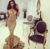 Nieuwe Designer Gold Pailletten Mermaid Prom Dresses 2019 Spaghetti Open Back Ruches Trein Arabische Avond Pageant Partyjurken Vestidos de 422