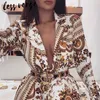 LESSVERGE Çiçek Baskı Altın 2 Parça Set Kadın Blazer Şort Uzun Kollu Seksi V Boyun Ceket Takım Kış İki Parçalı Kıyafetler Topluluk