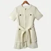 2020 Spring Short Sleeve Round Neck White Pure Color Tweed Panelled Belted Pleated Knee-Length Dress Women Fashion Dresses W1815218