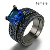 Gioielli di coppia - Stripe blu da 8 mm di larghezza maschile tungsteno anello in carburo anello femminile da 14kt nere oro a pezzi naturale sapphire 218e