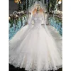 Luxury Lace Ball Gown Wedding Dresses High Neck Beaded Long Sleeves Bridal Gowns Sequined Tulle Cathedral Train Appliqued robes de mariée