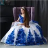 Royal Blue White Flowers Girls Pagant Klänningar V Neck Lace Up Princess Prom Klänning Golvlängd Kids First Communion Gowns FG1340